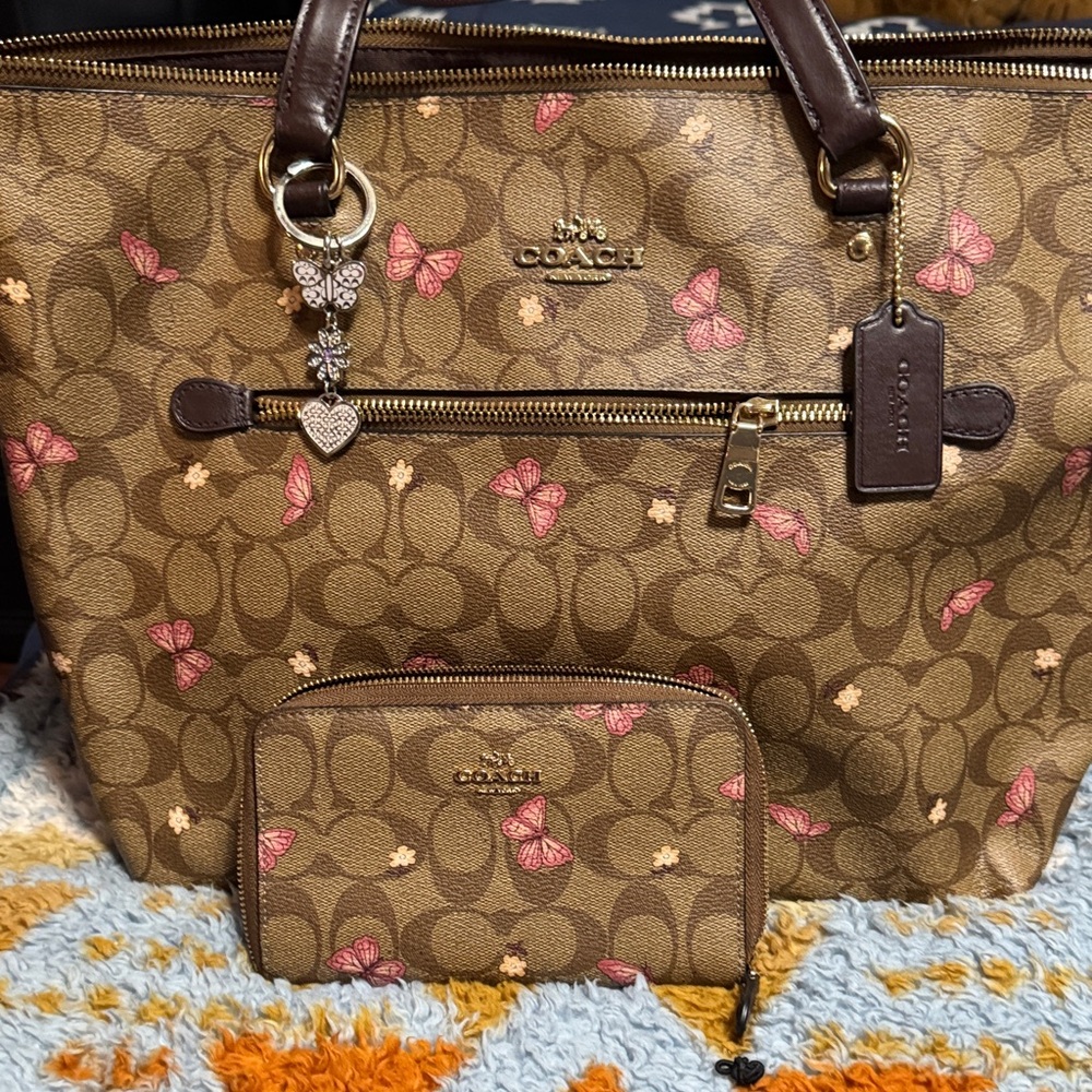 Coach Tan and Pink Butterfly Tote Bag Set